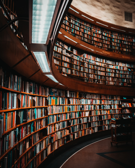 A wall with bookshelves